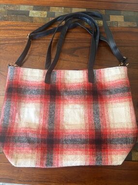 Lightly used Plaid Red and Cream Crossbody Tote with Black Straps